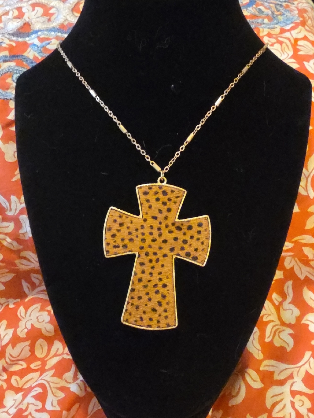 Leopard Print Cross Pendant Necklace - Gold Chain